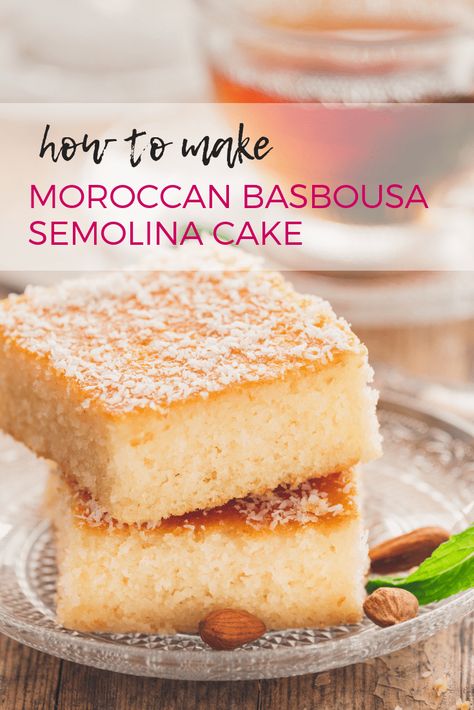 How to make Moroccan Basbousa Semolina Cake - an easy recipe for a delicious Arabic dessert! Traditional Moroccan Desserts, Easy Arabic Dessert Recipes, Moroccan Desserts Easy, Iraqi Desserts, Easy Basbousa Recipe, Best Basbousa Recipe, Semolina Dessert Recipe, Moroccan Sweets, Moroccan Cake