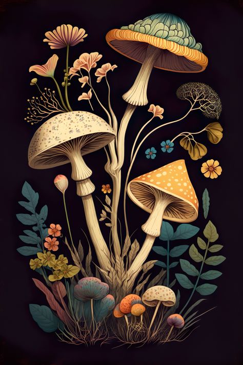 Part of my original collection of vintage botanical style mushroom art. This beautifully crafted art piece will add a touch of elegance and natural beauty to any home decor. Vintage Mushroom Art, Yuumei Art, Sublimation Templates, Mushroom Poster, Mushroom Wallpaper, Fox Illustration, Illustration Botanique, Vintage Mushroom, Gems Art