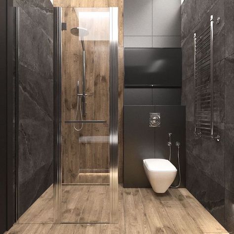 wooden-floor-black-tiled-wall-bathroom-designs-for-small-spaces-large-shower-head-toilet-bowl تصميم دورة مياه, Modular Bathrooms, Top Bathroom Design, Bathroom Interior Design Modern, Beautiful Bathroom Designs, Toilet Design, Bathroom Inspiration Decor, Bathroom Design Luxury, Stylish Bathroom