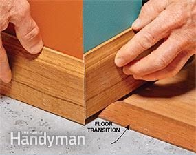 Floor Trim Transition, Installing Baseboard Trim, Baseboard Transition Ideas, Baseboard Transitions, Floor Transitions, Trim Carpentry, Baseboard Trim, Finish Carpentry, Carpentry Diy