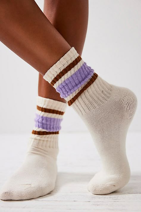 Classic sporty crew socks featured in a wide ribbed design with striped details at the ankle. * Calf-high rise * Comfortable fit | Retro Stripe Tube Socks by FP Movement at Free People, Lilac/Camel High Ankle Socks, Socks And Trainers, Women’s Socks, Sock Trends 2024, Free People Socks, Slouchy Socks Outfit, Brandy Melville Socks, Sock Photography, Cute Long Socks