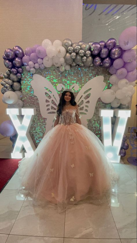 Butterfly Theme For Quinceanera, Quince Themes Butterflies, Blue Butterfly Quinceanera Decorations, Sweet 15 Butterfly Theme, Butterfly Sweet 15 Decorations, Quince Entrance Picture, 15 Centerpieces Ideas Butterfly, Quince Nails Rose Gold Butterfly, Quinceanera Birthday Ideas