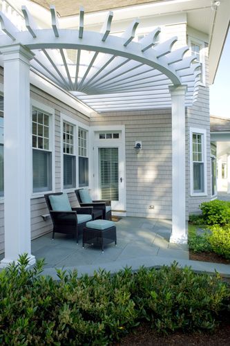 white rounded patio pergola                                                                                                                                                                                 More Patio Pergola, Pergola Design, Pergola Attached To House, Pergola Canopy, Wooden Pergola, Backyard Pergola, Outside Patio, Pergola With Roof, Have Inspiration