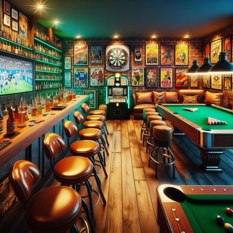 Enter the ultimate neon-lit man cave, a cozy den filled with sports memorabilia and comic artwork. A stocked wooden bar, comfortable leather recliners, retro jukebox, pool table, and dartboard are waiting for fun-filled nights. #ManCave #SportsBar #HomeBar #GameRoom #VintageDecor #EntertainmentRoom Vintage Sports Bar Aesthetic, Bar Lounge With Pool Table, Sports Bar Interior, Vintage Sports Bar Interior, Classy Man Cave Pool Table, Tv Sports Bar, Bar Pool Table, American Sports Bar, Country Sports