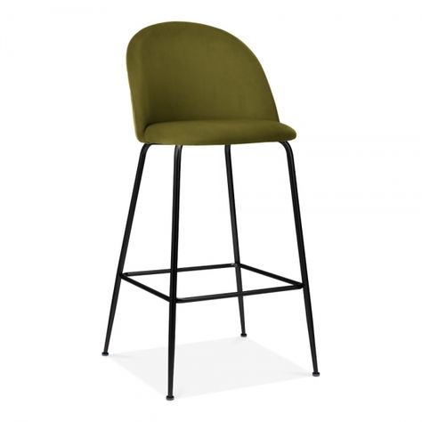 Heather Bar Stool with Backrest, Velvet , Olive Green 75cm Colour: Black Kitchen Height, Olive Bar, Stool With Backrest, Retro Bar Stools, Kitchen Stool, Kitchen Counter Stools, Modern Stools, Pink Chair, Stool Design