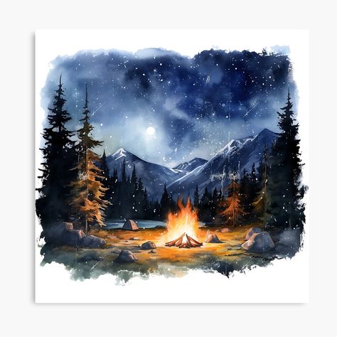 Watercolor Cabin In The Woods, Dyi Painting, Watercolour Canvas, Cool Nature, Watercolor Mountains, Starry Night Van Gogh, Forest Painting, Forest Art, Watercolor Canvas