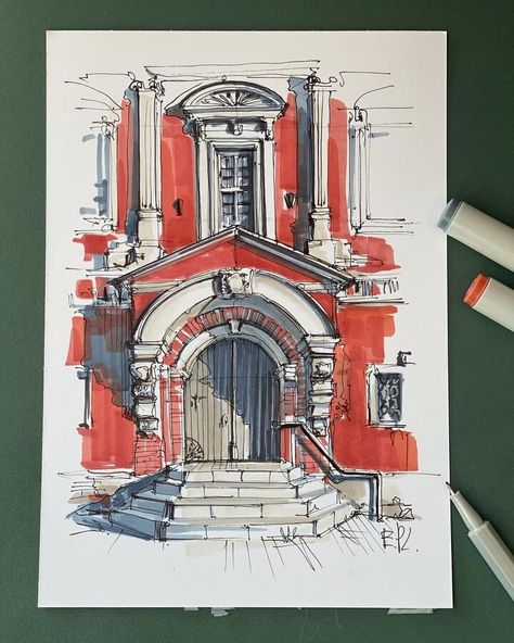 Ink and Markers Architectural Drawing Guache Architecture, Architecture Marker Sketch, Marker Building Drawing, Marker Art Architecture, Drawing With Sketch Markers, Ink And Marker Art, Marker Architecture Drawing, Urban Sketching Marker, Building References Drawing