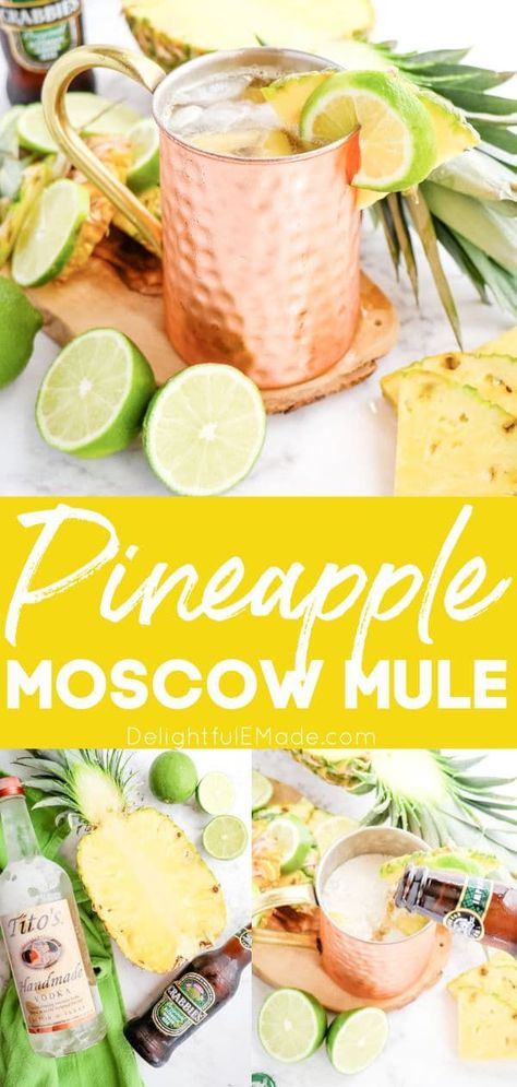 Wondering how to make a Moscow Mule cocktail? It’s actually quite simple! All you need for this fresh, delicious homemade Pineapple Moscow Mule is 5 easy ingredients. Pour into a frosty copper mug, and you’ll have an amazing cold cocktail! || Delightful E Made Mules Cocktail Recipes, Pineapple Mule Drink Recipes, Pineapple Mule Recipe, Virgin Moscow Mule Recipe, Spring Moscow Mule Recipe, Easter Mule Cocktail, Italian Mule Cocktail, Summer Mules Cocktail Recipes, Moscow Mule Flavors