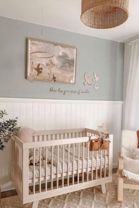 Here, we'll look at the most stunning nursery accent wall colors to ensure your feature wall sings out. Wall Panels Nursery, Vertical Shiplap Wall Nursery, Nursery Wanescoating Accent Wall, Teal Green Nursery, Half Wall Nursery Ideas, Bead Board Wall Nursery, Shiplap Wall In Nursery, Panelled Wall Nursery, Beadboard Accent Wall Nursery