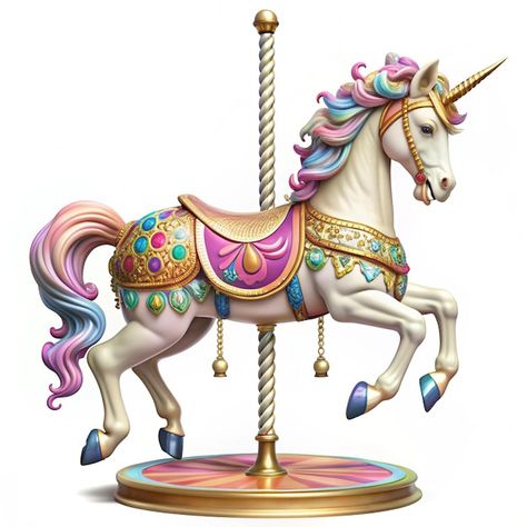 Detailed 3D Plastic Graphic of Whimsical Carousel Unicorn with Colorful Details and Glossy Finishes | Premium AI-generated image Carousel Horse Drawing, Carousel Unicorn, Circus Decor, Merry Go Round Carousel, Unicorn Images, Circus Decorations, Hobby Horses, Unicorn Pictures, Dude Ranch