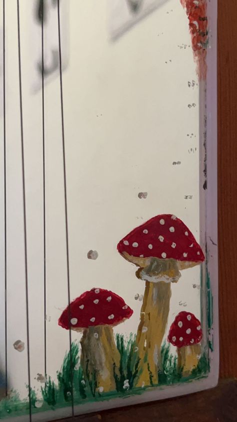 Mirror Painting Mushrooms, Mirror Painting Ideas Aesthetic, Mushrooms Aesthetic, Painting Mushrooms, Mushroom Painting, Painting Mirror, Mirror Painting, Cool Things To Make, Art Boards