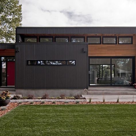 Corrugated Galvanized Steel Siding Walnut Home Design Ideas, Pictures, Remodel and Decor Wherehouse Design, Metal Siding House, Black Siding, Modern House Ideas, Modern Office Building, Corrugated Metal Siding, Exterior Modern House, Metal Shop Building, Metal Building Kits