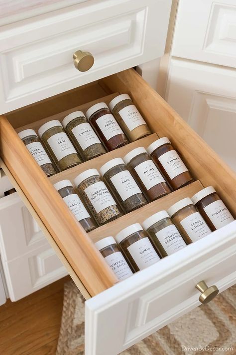 Kitchen Drawer Organizers, Spice Organization Drawer, Driven By Decor, Spice Drawer, Kitchen Cabinet Drawers, Kitchen Spices, Spice Organization, Kitchen Cabinet Organization, Kitchen Drawers