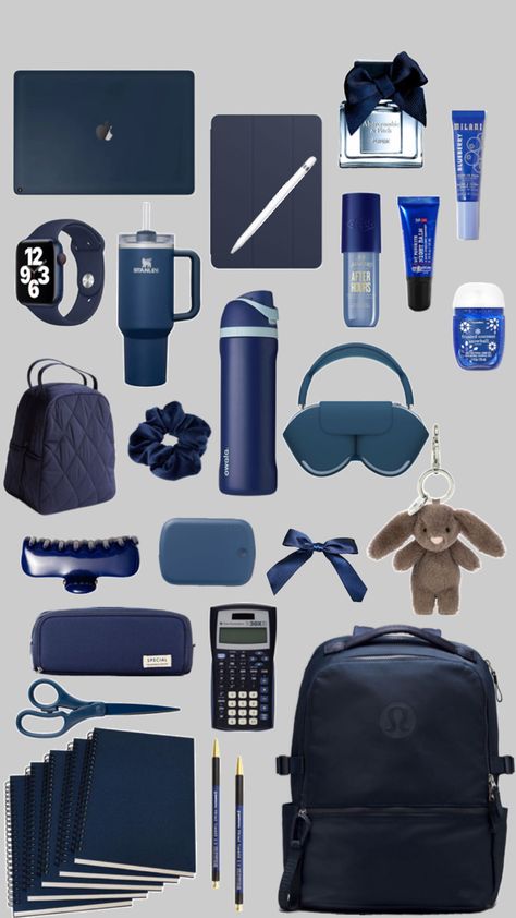 Navy blue school supplies , navy blue backpack , cute jellycat,cute school supplies ,dorm essentials,college school supplies,navy blue aesthetic, clean girl aesthetic,AirPod max,Apple Watch , navy blue stationary,navy blue perfumes Blue School Supplies, College Stationary, Blue Stationary, Navy Blue Aesthetic, Navy Blue Backpack, School Backpack Essentials, Studying Stationary, Girl School Supplies, Everyday Bag Essentials