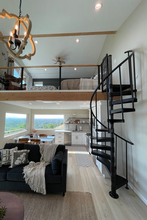 Small Spiral Staircase Loft, Spiral Stairs To Loft, Stairs Up To Loft, Spiral Staircase In Bedroom, Simple Spiral Staircase, Stairs In Tiny House, Apartment With Spiral Staircase, Spiral Staircase For Small Spaces, Spiral Staircase Loft Bedroom