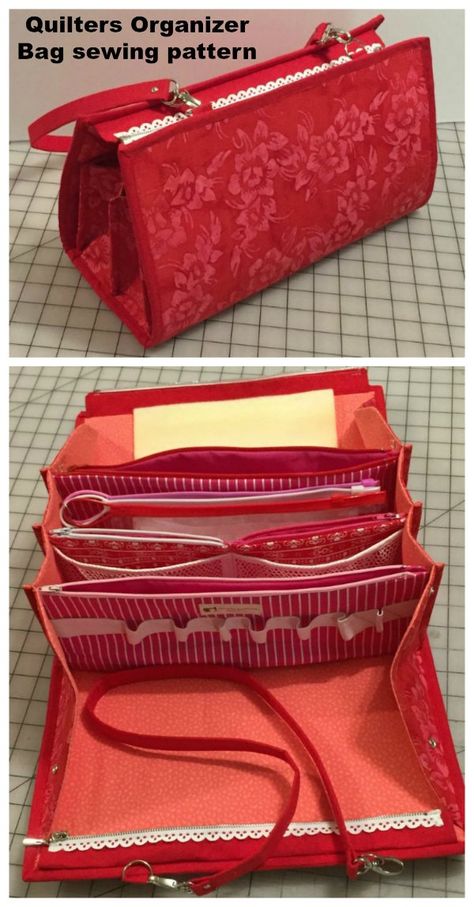 Sewing pattern for a quilter or sewing craft storage bag and organizer. An innovative bag that looks like a smart purse but opens out into a craft organizer with the perfect space and pocket for all your supplies. Quilting retreat bag sewing pattern. #SewABag #SewAOrganizerBag #BagSewingPattern #OrganizerBagSewingPattern #QuiltingRetreatBag Sew Ins, Sew Together Bag, Messenger Bag Patterns, Craft Organizer, Quilted Bags, Sewing Room Organization, Modern Bag, Diy Bags Purses, Bag Sewing