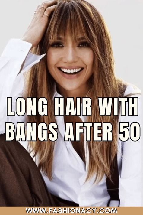 Brunette With Bangs Long, Layered With Bangs Long Hair, Adding Bangs To Long Hair, Long Layered Haircuts Over 50, Hairstyles For Medium Length Hair Over 50 Bangs Long Layered, Bangs For 40+, Sophisticated Long Hairstyles, Long Hair Styles With Layers For Over 50 With Bangs, 50 Long Hair Over 50