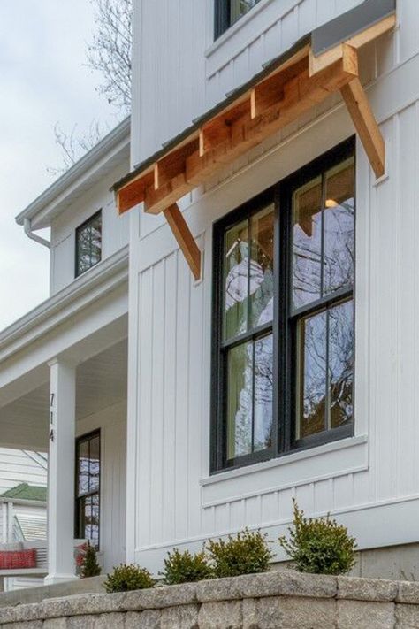 Modern Farmhouse. Love the black windows. Farmhouse Windows Black, Exterior Window Awnings Modern Farmhouse, Farmhouse Window Exterior, Black Windows On White House, Black Farmhouse Windows, Farmhouse Exterior Window Trim, Farmhouse Picture Window, Farmhouse Exterior Windows, Window Placement Ideas Exterior