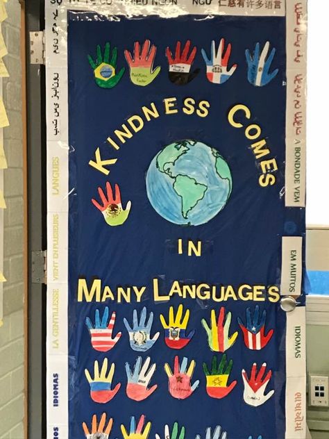 Our ESL classroom Door. Esl Classroom Decor, Esol Classroom, Door Classroom, Classroom Door Ideas, Multicultural Classroom, Classroom Door Decor, Language Classroom, Door Poster, Esl Classroom