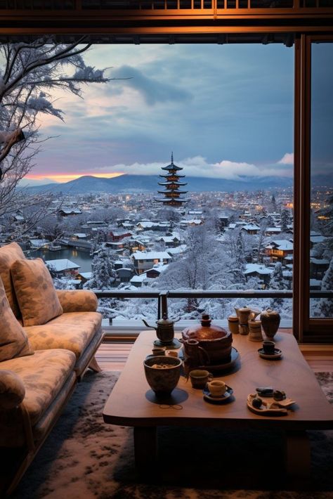 A Traditional Japanese House with a View of Snow-Covered Kyoto Town Kyoto In Winter, Kyoto Winter, Kyoto Japan Photography, Kyoto House, House With A View, Dark Royalty, Japanese Winter, Winter In Japan, Tokyo Aesthetic