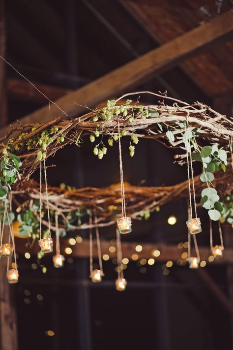 Rustic Branch Chandelier With Hanging Votives Deco Champetre, Tafel Decor, Barn Wedding Decorations, Branch Chandelier, Diy Tree, Wedding Cake Designs, Chic Wedding, Country Wedding, Barn Wedding