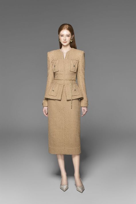 Short Coats For Women Blazers, Long Tweed Jacket, Tweed Jacket Outfit, Tweed Midi Skirt, Peplum Coat, Thailand Outfit, Tweed Fashion, Dress Peplum, Maxi Pencil Skirt