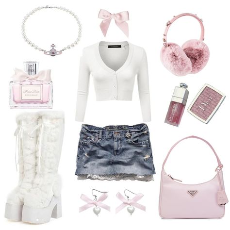 Y2k Outfit Layout, Flowers Clothes, Preppy 2000s, Cute Pink Outfits, Coquette Outfits, Coquette Outfit, 2000s Outfits, Outfit Layout, Cozy Winter Outfits