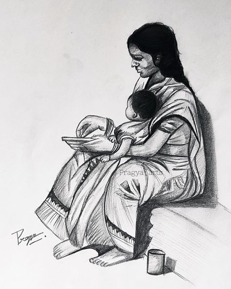 Pencil sketch by Pragya Arts Mother And Child Drawing, Child Drawing, Drawing Lessons For Kids, Madhubani Painting, Art Diary, Charcoal Drawing, Drawing Lessons, Pencil Sketch, Mother And Child