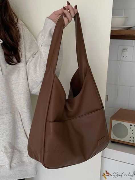 Bird in Bag - Leather Snap Button Hobo Bag Cute College Bags, Cool Bags Aesthetic, College Bags For Women, Brown Bag Outfit, Simple Purses, Shein Bags, Bag Leather Women, Types Of Bags, Funky Bags