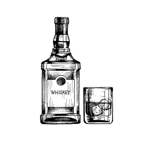 Whisky Bottle Drawing, Whisky Bottle Design, Whiskey Bottle Drawing, Whiskey Bottle Tattoo, Whisky Illustration, Whiskey Drawing, Whiskey Illustration, Jack Daniels Tattoo, Whiskey In A Teacup