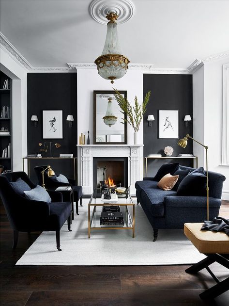 Furnitur Ruang Keluarga, Black Living, Gold Living, Sala Grande, Interior Design Per La Casa, Blue Photography, Gold Living Room, Black Living Room, Black And White Interior