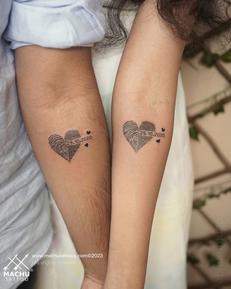 Couple Tattoos Cute, Unique Couple Tattoo, Couple Wrist Tattoos, Fingerprint Heart Tattoos, Girlfriend Tattoos, Couple Tattoos Unique Meaningful, Fingerprint Tattoos, Couple Tattoo Ideas, Finger Tattoos For Couples