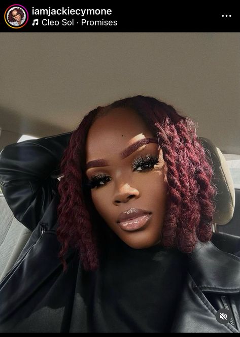 Plum Colored Locs, Ginger And Black Hair Duo, Dark Burgundy Locs, Burgundy Invisible Locs, Fall Loc Colors, Cherry Red Locs, Short Loc Bob, Burgundy Locs Black Women, Dark Red Locs