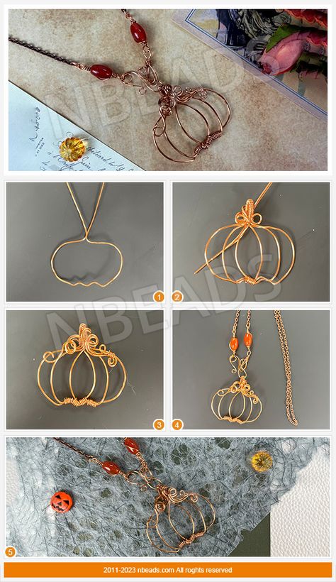 Wire Wrap Pumpkin Pendant Tutorial, Wire Bead Pendant, Spooky Wire Wrap, Wire Jewelry Designs Necklaces, Pumpkin Wire Wrap, Halloween Wire Jewelry, Diy Fall Earrings, Wire Wrapped Bead Pendant, Halloween Wire Wrap