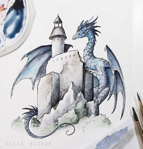 Dragon On Castle Drawing, Dragon Castle Drawing, Dragon On Castle, Watercolor Creatures, Dragons Fantasy Art, Alvia Alcedo, Dragons Drawing, Diy Bong, Watercolor Castle