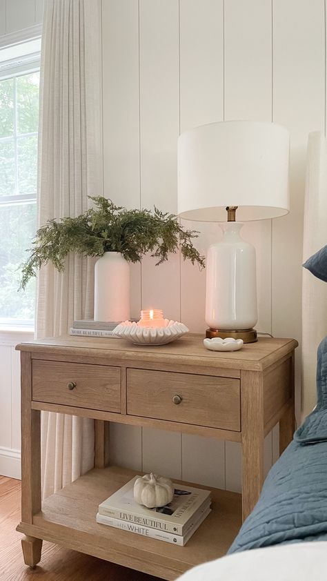 White Wood Home Decor, Pottery Barn Blue Bedroom, Light Wood Master Bed, Guest Bedroom Nightstand Ideas, Bedroom With Natural Wood Furniture, Modern Cottage Master Bed, Pottery Barn Farmhouse Bedroom, Beige White Blue Bedroom, Shiplap Cottage Interiors