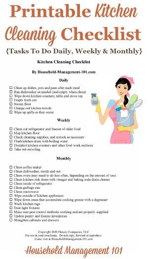 Free printable kitchen cleaning checklist listing tasks to do daily, weekly and monthly to keep your kitchen looking great {courtesy of Household Management 101} Kitchen Cleaning Checklist, Household Notebook, Daily Cleaning Checklist, Clean Stove, Kitchen Chores, Cleaning Painted Walls, Household Management, Task To Do, Deep Cleaning Tips