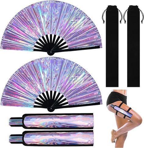 Amazon.com: Anglechic 6 Pcs Large Rave Fan Set with Folding Hand Fan, Fan Holster for Festival Party (Holographic Silver) : Home & Kitchen Fan Holster, Coachella Fits, Bamboo Fan, Velvet Bags, Folding Fans, Folding Hand Fan, Folded Hands, Rave Accessories, Giants Fans