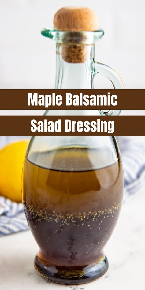 Tangy and sweet, this delicious Maple Balsamic Salad Dressing pairs perfectly with a fresh leafy salad. The balsamic vinegar adds a deep, rich flavor, while the maple syrup gives you the perfect hint of sweetness. Apple Maple Dressing, Harvest Salad Dressing Recipes, Homemade Fall Salad Dressing, Salad Dressing Maple Syrup, Apple Balsamic Dressing, Maple Bacon Vinaigrette Recipe, Maple Apple Cider Vinaigrette, Maple Syrup Vinaigrette Dressing, Maple Syrup Dressing Vinaigrette Recipe