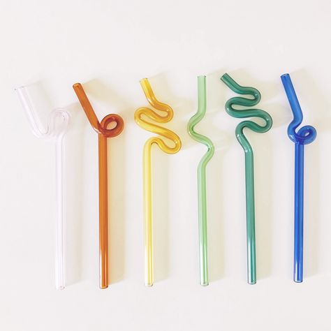 Glass silly straws! I mean, how fun are these?! Choose from pink, amber, yellow, green, teal, or blue; each color comes in the design shown only. Hand wash recommended. Colored Glass Straws, Choose Your Glass Wedding, Silly Straws, Nestldown Wedding, Straw Design, Miscellaneous Items, Glass Straws, Dream House Decor, Kitchen Stuff