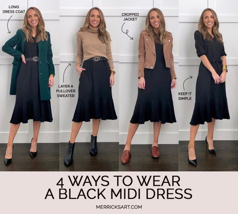 Black Midi Dress Outfits (4 Cute Looks) - Merrick's Art 1 Dress Multiple Outfits, Midi Dress With Shirt Over, Midi Dress Jacket Outfit, Black Midi Dress With Booties, What Shoes To Wear With Midi Dress In Winter, Black A Skirt Outfit, Fall Black Midi Dress Outfit, Black Midi Dress Street Style, Belted Dress Outfit Winter