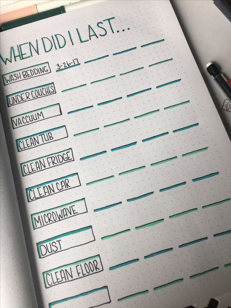 New cleaner When Did I Last page for my bullet journal.. more specific tasks make it easier to keep track of Organiser Ideas Planners, Bujo When Did I Last Page, Organized Journal Ideas, Organization Journal Ideas, Last Time I Bullet Journal, Did System Journal Ideas, Bujo When Did I Last, Journal Tracking Ideas, Bulett Journal Page Ideas List