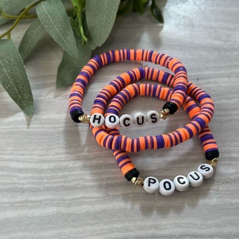 Set Of 3 Colors Are Purple, Orange And Black Size: 6.5-7.5in Wrist Handmade Heishi Beaded Stretch Band Hocus Pocus Bracelets. Heishi Beads Are Environmentally Friendly Polymer Clay And Resilient, Lightweight And Keep Their Colors! $25 For All 3 Bracelets. But Offers Always Welcome! Make Clay Beads, Beaded Braclets, Preppy Bracelets, Autumn Bracelet, Healing Gemstone Bracelets, Halloween Bracelet, Turquoise Bead Bracelet, Clay Bracelet, Diy Bracelet Designs