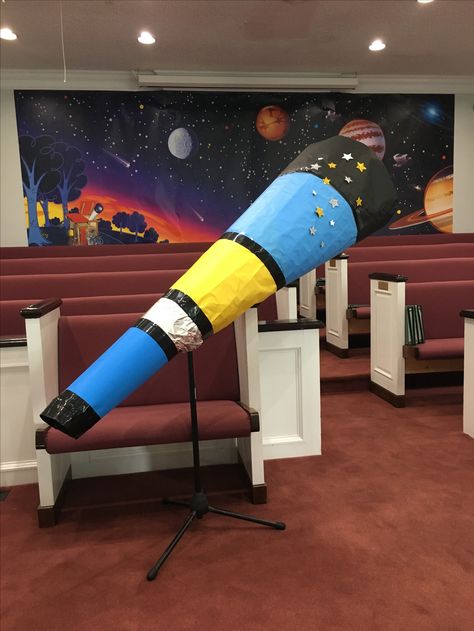 Vbs Space Theme Crafts, Stellar Vbs Decorations, Space Vbs Decorations, Space Decorations Galaxy, Telescope Decor, Space Vbs, Space Decorations, Stellar Vbs, Stellar Vbs 2023