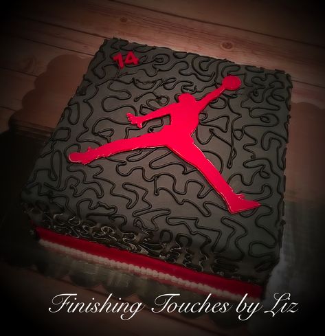 Air Jordan birthday cake By www.facebook.com/finishingtouchesbyliz Sneaker Head Birthday Cake, Jordan Birthday Cake Ideas, Air Jordan Themed Birthday, Michael Jordan Birthday Cake, Air Jordan Cake Ideas, Air Jordan Birthday Party Ideas, Jordan Theme Cake, Jordan Cake Ideas, Jordan Birthday Party Ideas