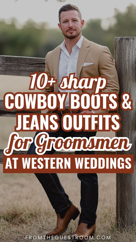 a groomsman wears cowboy boots with jeans for western wedding, western outfits Groom Country Wedding Attire Jeans Cowboy Boots, Wedding Guest Outfit Men Cowboy Boots, Groomsmen Attire Jeans And Boots Suspenders, Cowboy Wedding Groom, Men Western Outfits Mens Fashion, Country Wedding Attire For Men, Jeans Cowboy Boots And Blazer Outfit Men, Wedding Jeans And Boots, Classic Cowboy Outfit