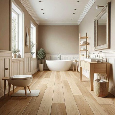 33 Bathroom Wood Flooring Ideas: Elevate Your Space with Warmth and Style » HomeDecorFull Bathroom White Tiles Wooden Floor, Oak Flooring Bathroom, Wood Flooring For Bathroom, Wood Floors Bathroom Ideas, Eco Friendly Flooring Ideas, Wood Flooring Bathroom Ideas, Wood Vinyl Bathroom Floor, Wood Like Ceramic Tile Floors, Master Bath With Hardwood Floors