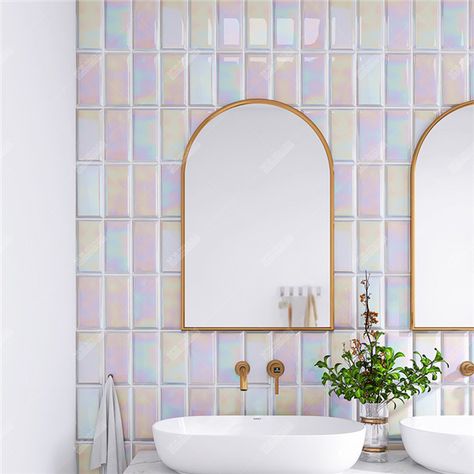 Rainbow Tiles Bathroom, Iridescent Bathroom Tile, Pastel Tiles Bathroom, Pastel Kitchen Backsplash, Iridescent Shower Tile, Rainbow Backsplash Kitchen, Rainbow Tile Bathroom, Iridescent Bathroom Tiles, Iridescent Tiles Kitchen