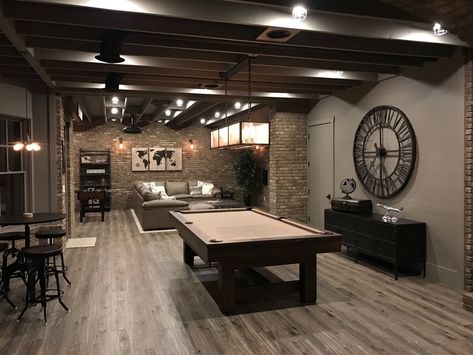 Industrial Basement - Industrial - Basement - Atlanta - by JR Custom Living | Houzz Industrial Basement, Basement Lighting, Rustic Basement, Bar In Casa, Man Cave Basement, Basement Living Rooms, Diy Basement, Man Cave Home Bar, Small Basements