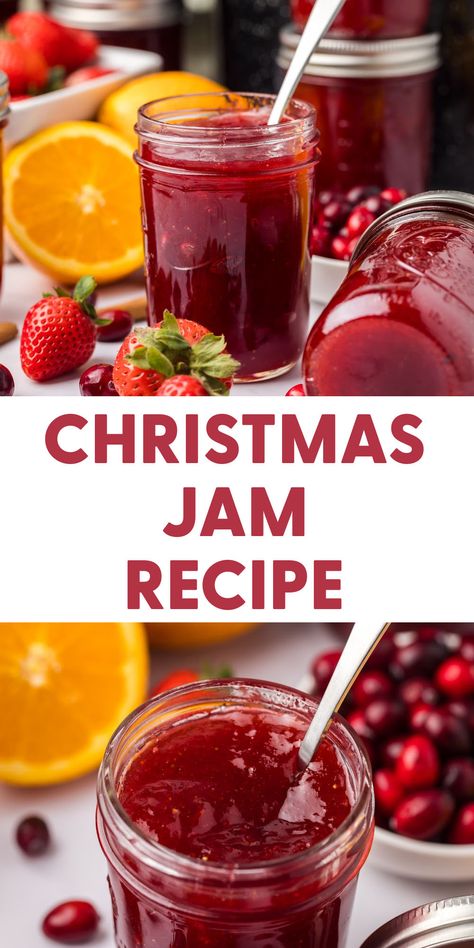 Start a sweet holiday tradition with this Christmas Jam for Canning recipe. It's a festive and easy way to add homemade charm to your celebrations! Thanksgiving Jam Recipes, Jelly Christmas Gifts, Christmas Jam Canning Recipe, Homemade Christmas Jam Recipe, Spiced Christmas Jam No Pectin, Sweet Tea Jelly, Canning Christmas Jam, Easy Christmas Jam Recipes, Christmas Jam Crockpot